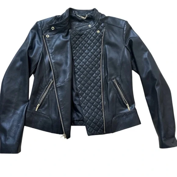Cole Haan Black Quilted Leather Moto Jacket. Size large. - Picture 5 of 14